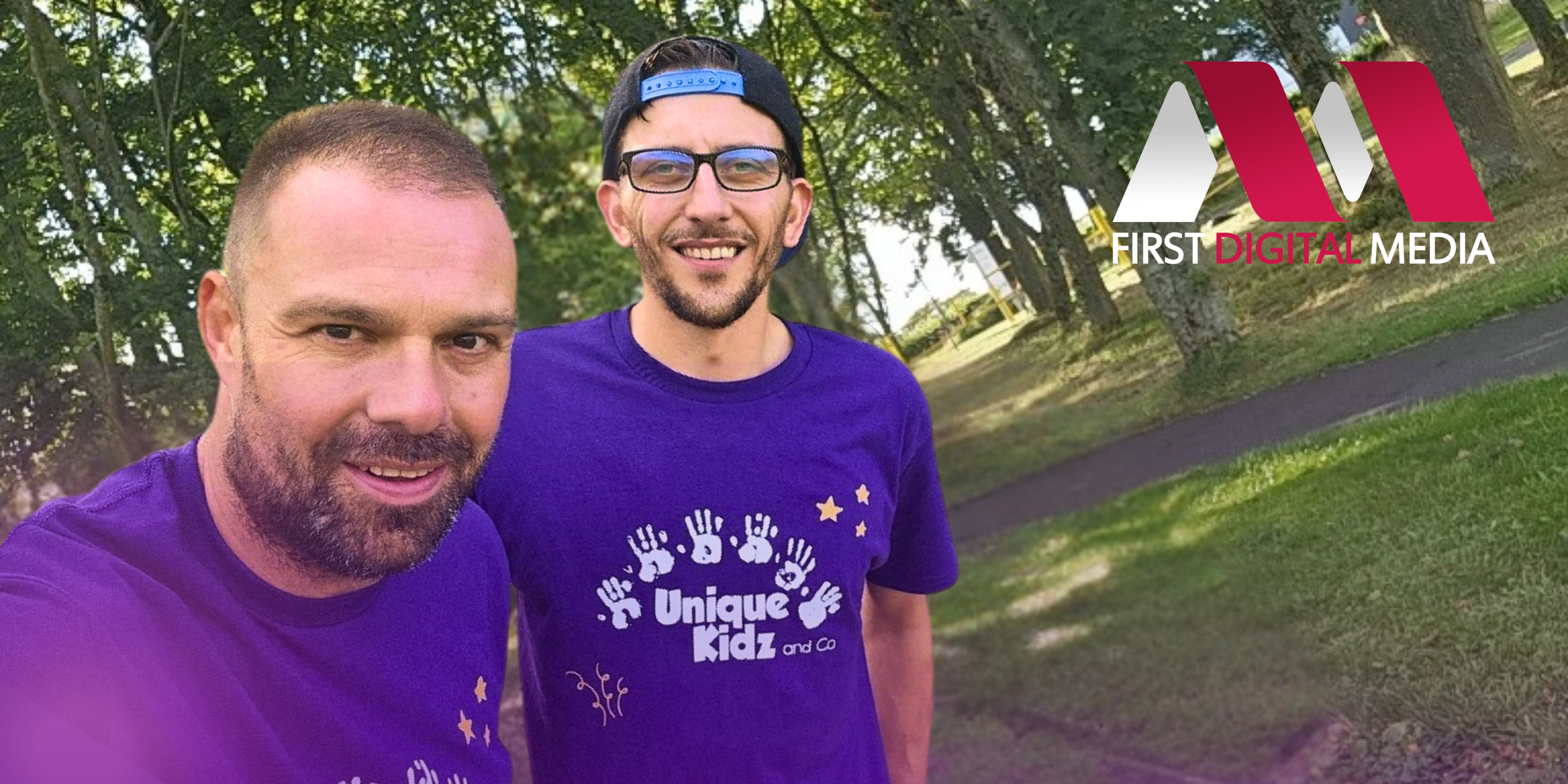 Business Development Manager, Tony, and Senior Web Designer, Josh from First Digital Media on a training session. wearing Unique Kidz branded T-shirts