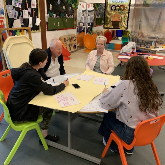 4 colleagues sit round a circular table, mapping ideas on a large spider diagram as part of the planning stage of the training day